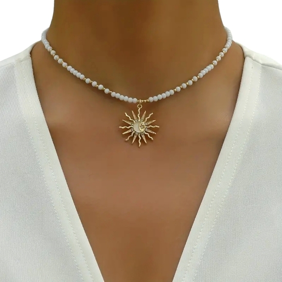 Boheme Jewelry - Sun Moon Beaded Choker Necklace Y2K Retro Jewelry Bohemian White Boho Chic